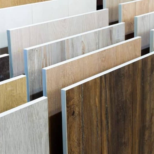 Wood flooring samples in a bright showroom display